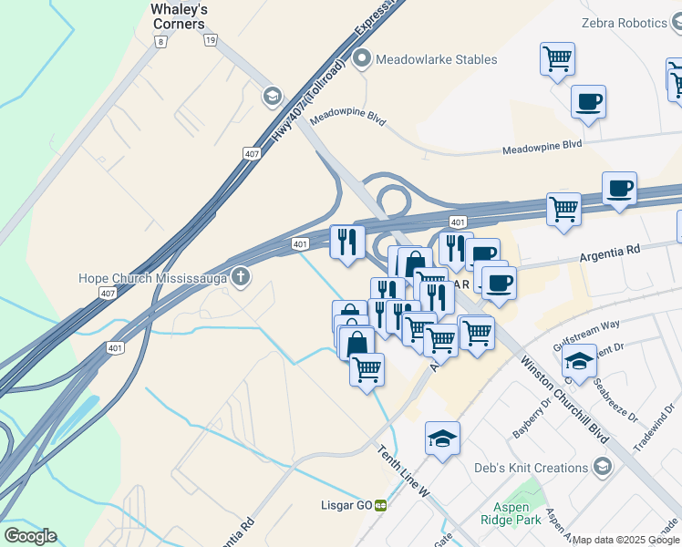 map of restaurants, bars, coffee shops, grocery stores, and more near 3115 Argentia Road in Mississauga
