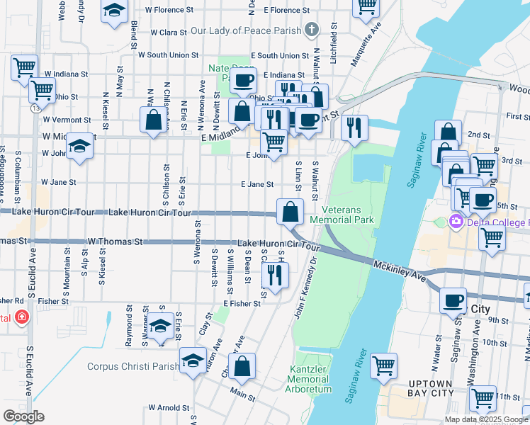 map of restaurants, bars, coffee shops, grocery stores, and more near 415 South Catherine Street in Bay City