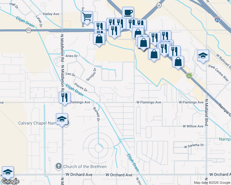 map of restaurants, bars, coffee shops, grocery stores, and more near 1988 West Bella Lane in Nampa