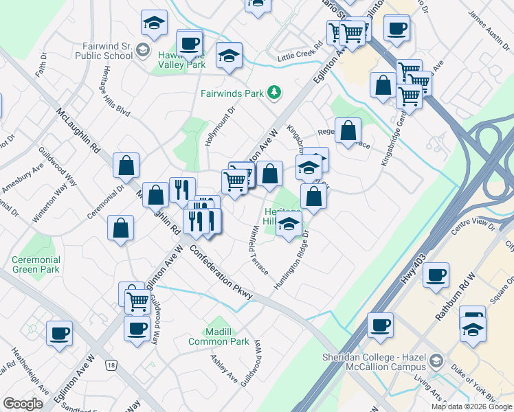 map of restaurants, bars, coffee shops, grocery stores, and more near in Mississauga