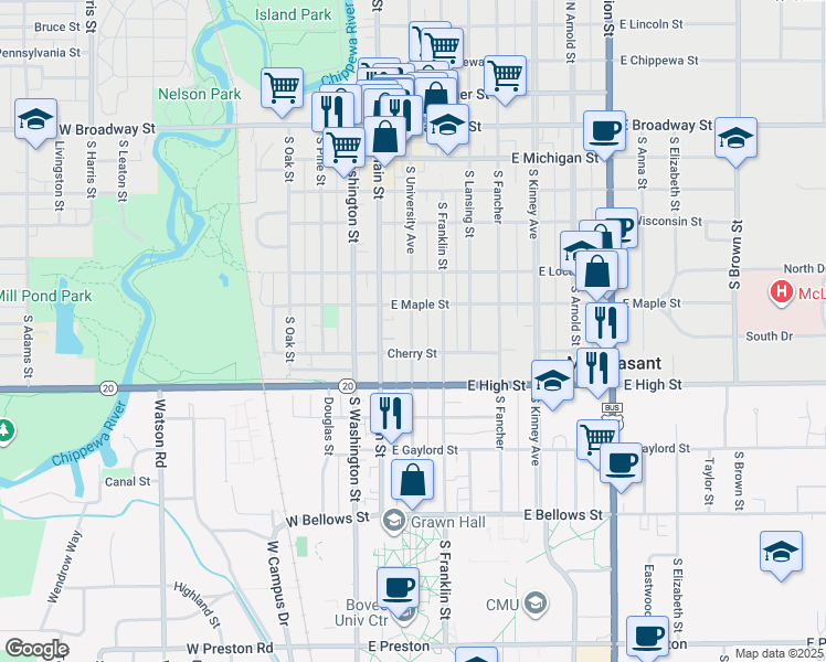 map of restaurants, bars, coffee shops, grocery stores, and more near 604 South University Avenue in Mount Pleasant