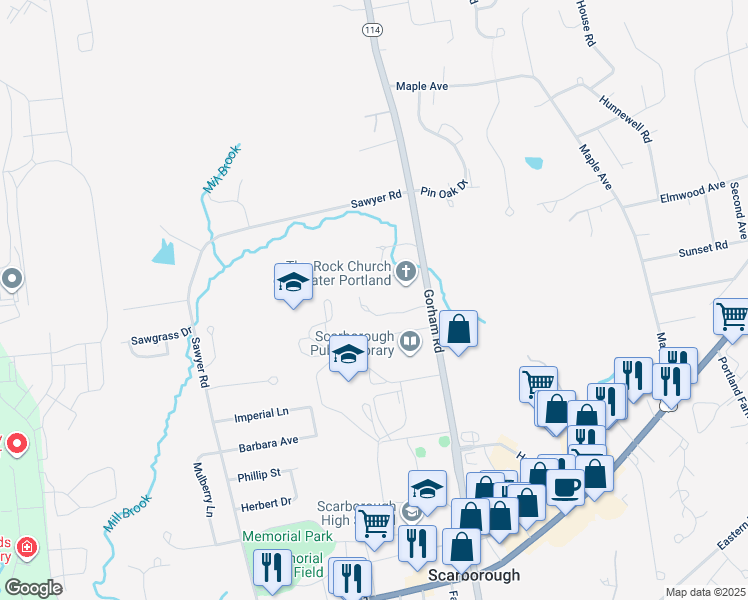 map of restaurants, bars, coffee shops, grocery stores, and more near 62 Gorham Road in Scarborough