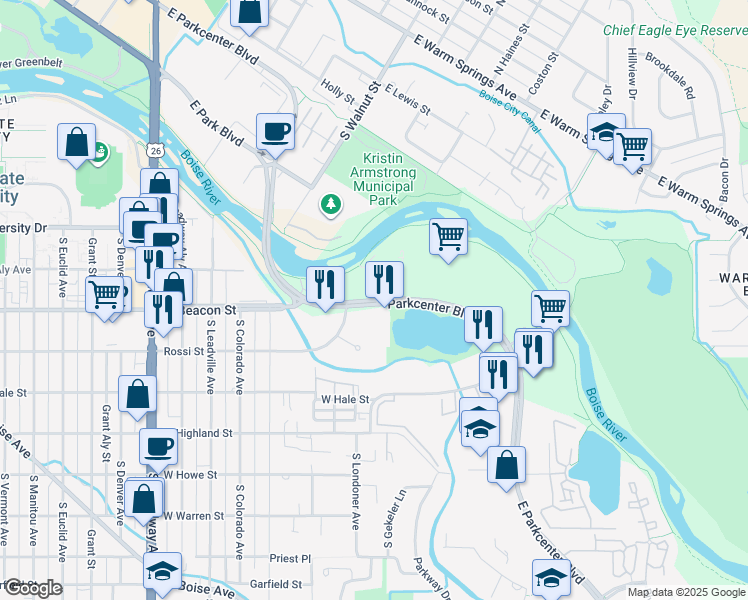 map of restaurants, bars, coffee shops, grocery stores, and more near 142 East Parkcenter Boulevard in Boise