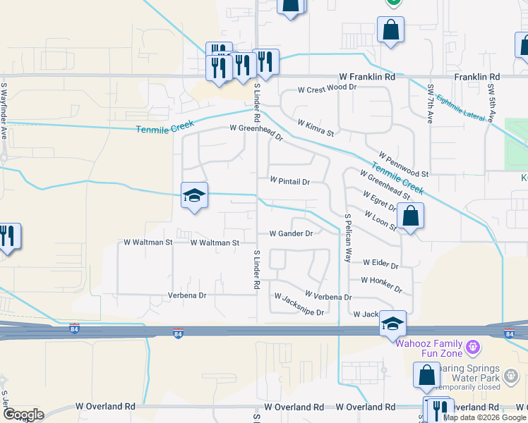 map of restaurants, bars, coffee shops, grocery stores, and more near 660 South Linder Road in Meridian