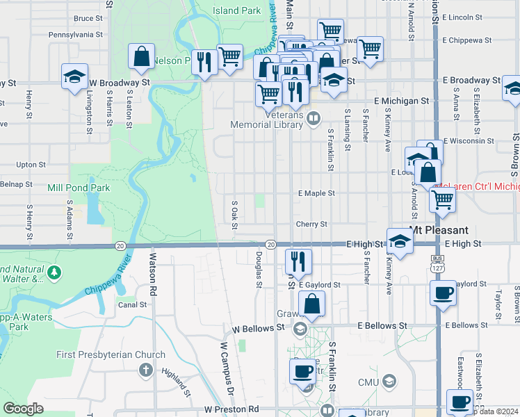 map of restaurants, bars, coffee shops, grocery stores, and more near 617 South Pine Street in Mount Pleasant