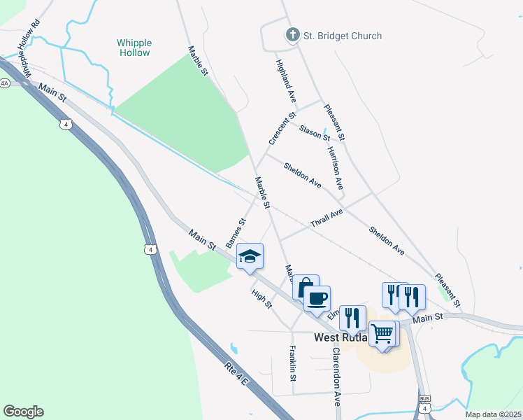 map of restaurants, bars, coffee shops, grocery stores, and more near 317 Marble Street in West Rutland