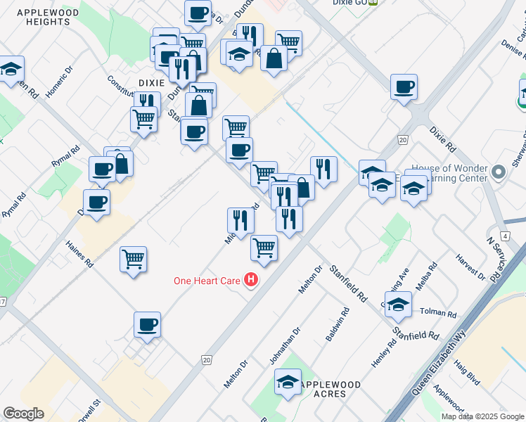 map of restaurants, bars, coffee shops, grocery stores, and more near 2385 Stanfield Road in Mississauga