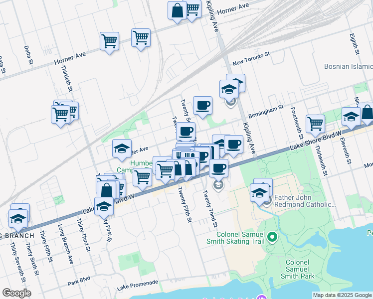 map of restaurants, bars, coffee shops, grocery stores, and more near 35 Twenty Fourth Street in Toronto
