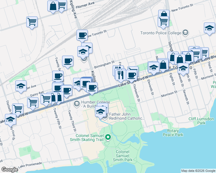map of restaurants, bars, coffee shops, grocery stores, and more near 3140 Lake Shore Boulevard West in Toronto