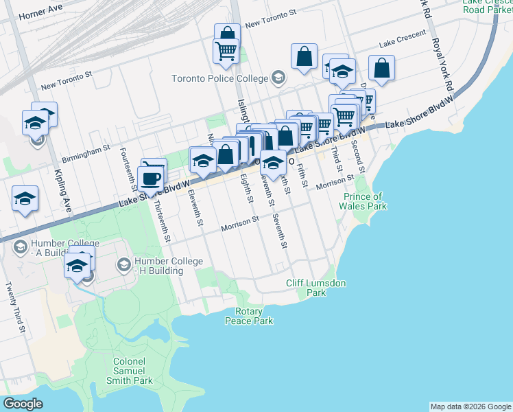map of restaurants, bars, coffee shops, grocery stores, and more near 87 Eighth Street in Toronto