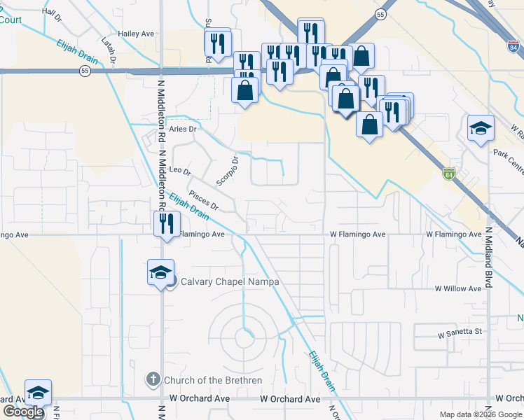 map of restaurants, bars, coffee shops, grocery stores, and more near 2124 West Bella Lane in Nampa