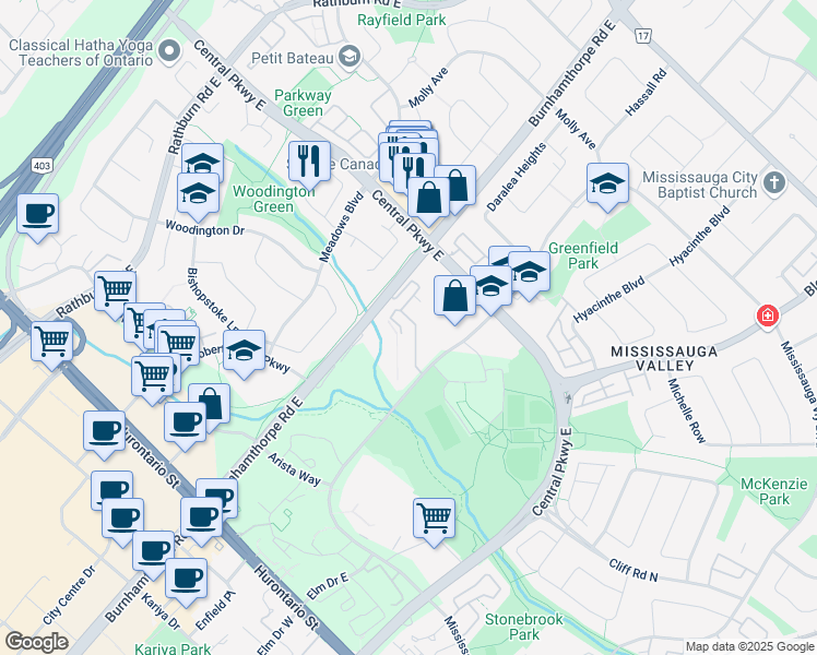 map of restaurants, bars, coffee shops, grocery stores, and more near in Mississauga