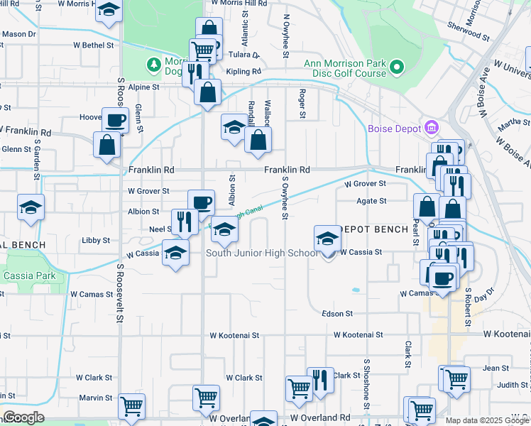 map of restaurants, bars, coffee shops, grocery stores, and more near 3514 Windsor Drive in Boise