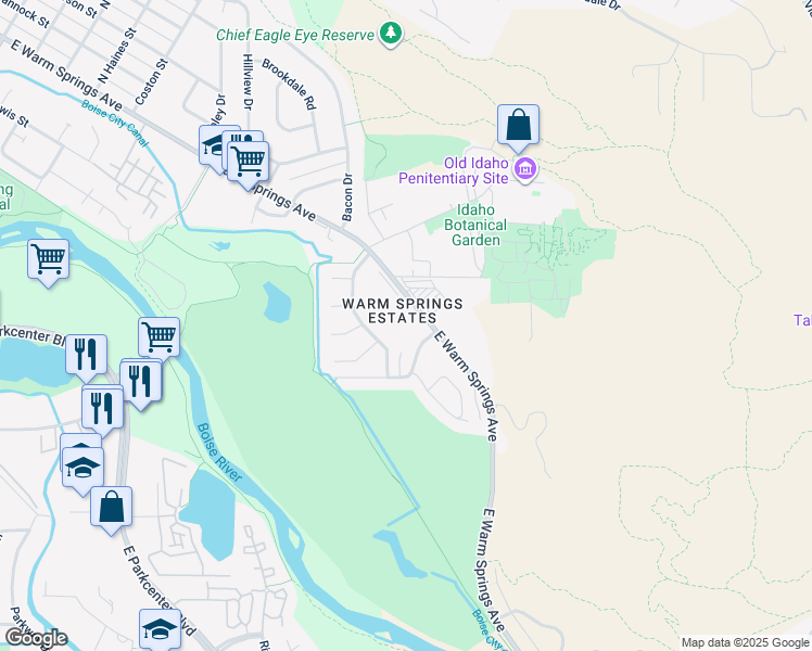 map of restaurants, bars, coffee shops, grocery stores, and more near 2237 East Warm Springs Avenue in Boise