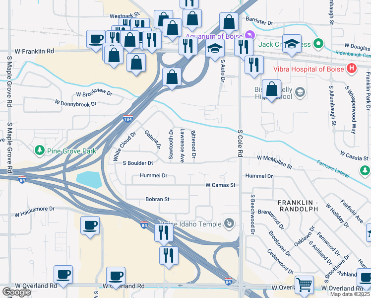 map of restaurants, bars, coffee shops, grocery stores, and more near 609 Bitteroot Drive in Boise