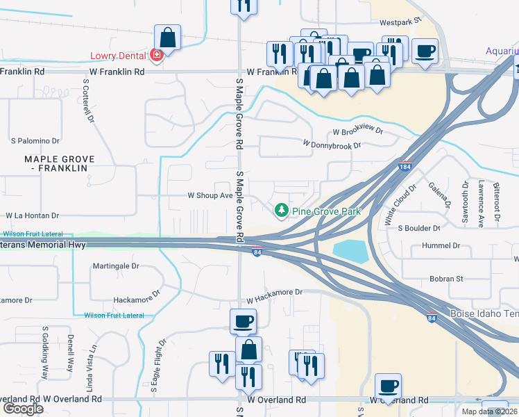 map of restaurants, bars, coffee shops, grocery stores, and more near 659 South Blue Pine Lane in Boise