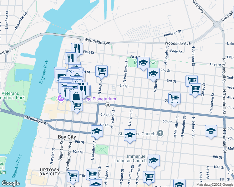 map of restaurants, bars, coffee shops, grocery stores, and more near 915 North Van Buren Street in Bay City