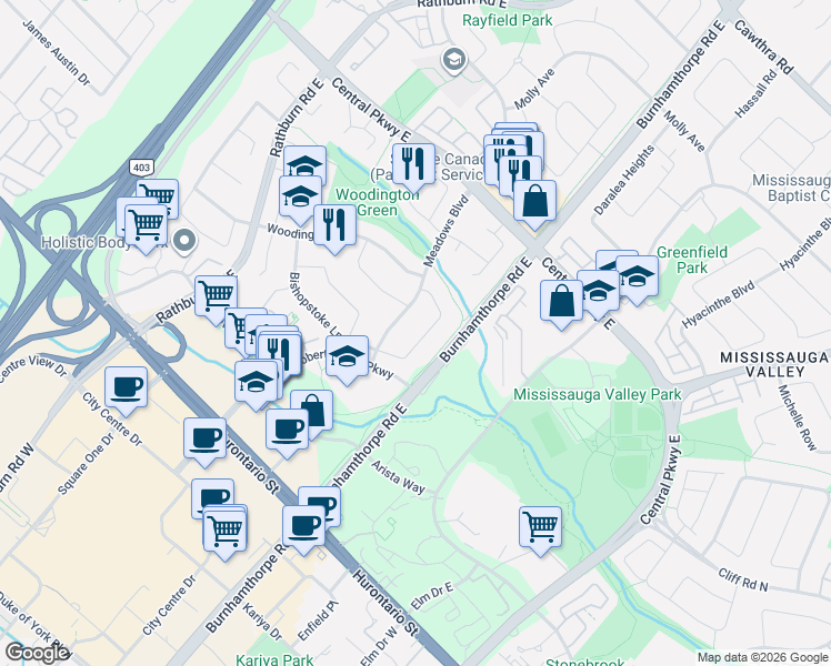 map of restaurants, bars, coffee shops, grocery stores, and more near 3999 Bishopstoke Lane in Mississauga