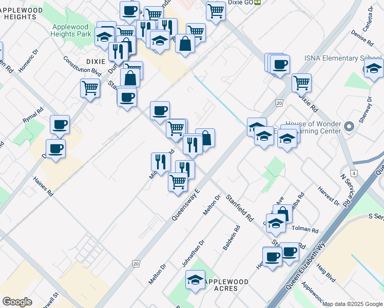 map of restaurants, bars, coffee shops, grocery stores, and more near 2345 Stanfield Road in Mississauga