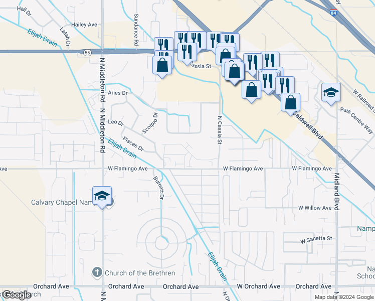 map of restaurants, bars, coffee shops, grocery stores, and more near 2020 West Bella Lane in Nampa