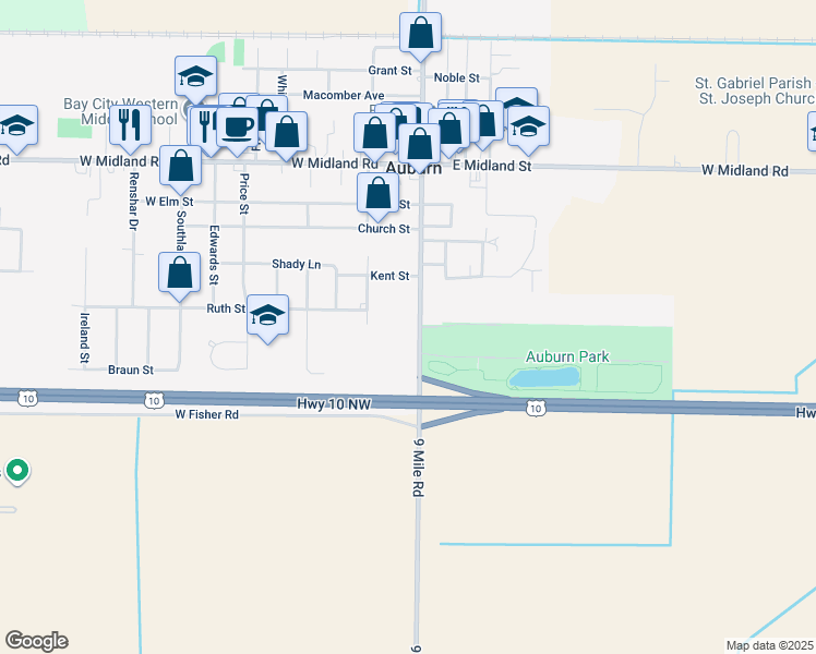 map of restaurants, bars, coffee shops, grocery stores, and more near 408 Auburn Street in Auburn