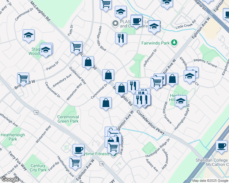 map of restaurants, bars, coffee shops, grocery stores, and more near 490 Bluesky Crescent in Mississauga