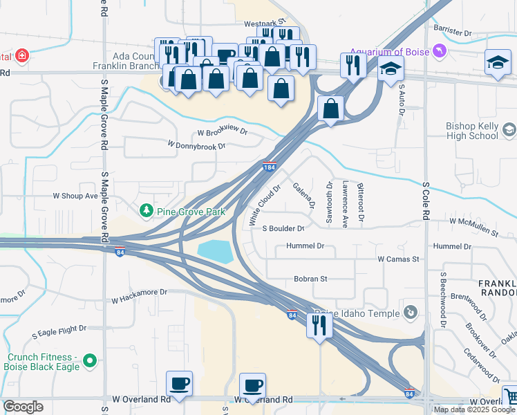 map of restaurants, bars, coffee shops, grocery stores, and more near 617 White Cloud Drive in Boise