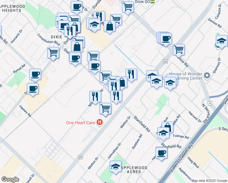 map of restaurants, bars, coffee shops, grocery stores, and more near 2345 Stanfield Road in Mississauga