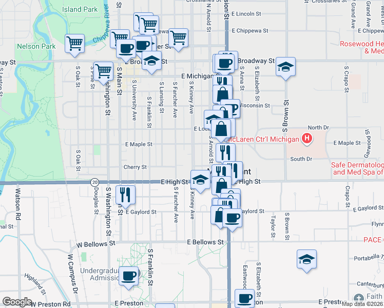map of restaurants, bars, coffee shops, grocery stores, and more near South Kinney Avenue in Mount Pleasant