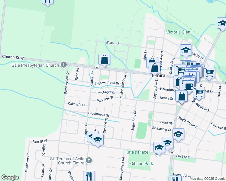 map of restaurants, bars, coffee shops, grocery stores, and more near 31 Porchlight Drive in Elmira