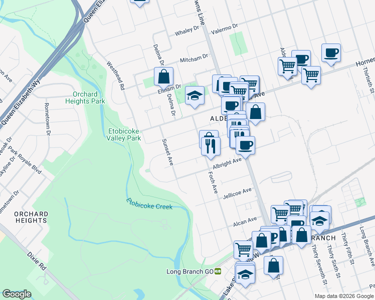 map of restaurants, bars, coffee shops, grocery stores, and more near 59a Roseland Drive in Toronto
