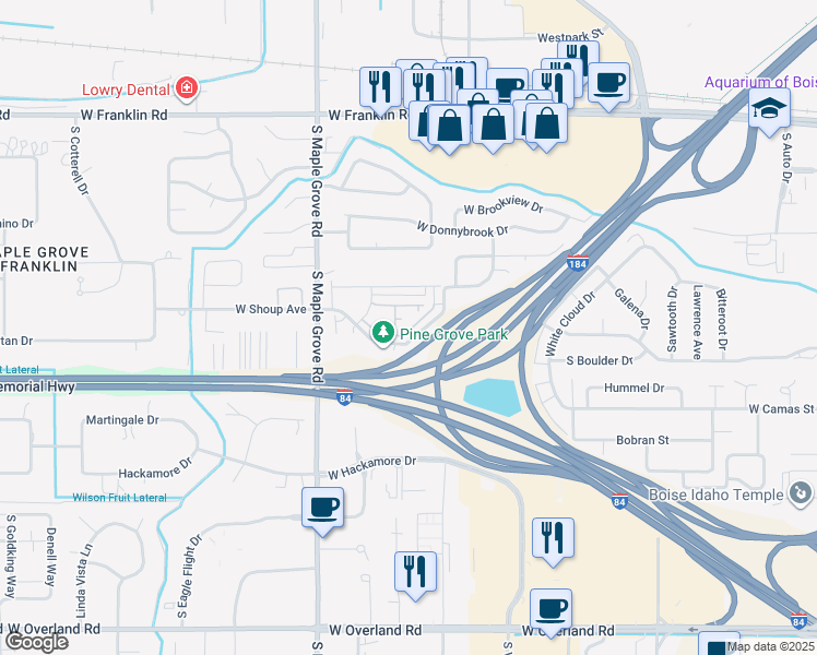 map of restaurants, bars, coffee shops, grocery stores, and more near 8712 West Pine Valley Lane in Boise