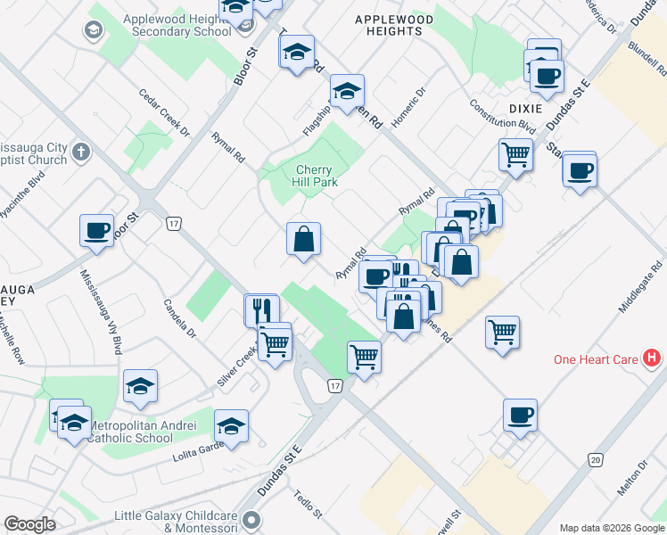 map of restaurants, bars, coffee shops, grocery stores, and more near 3091 Rymal Road in Mississauga