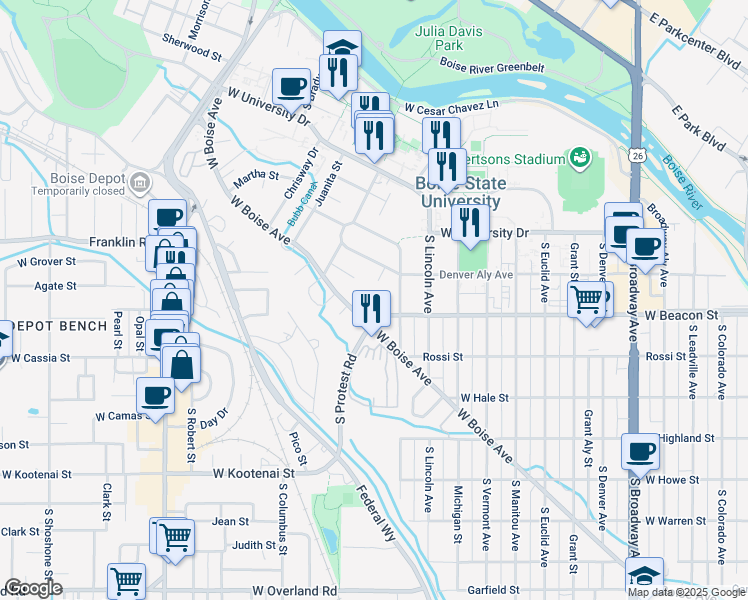 map of restaurants, bars, coffee shops, grocery stores, and more near 1980 West Boise Avenue in Boise