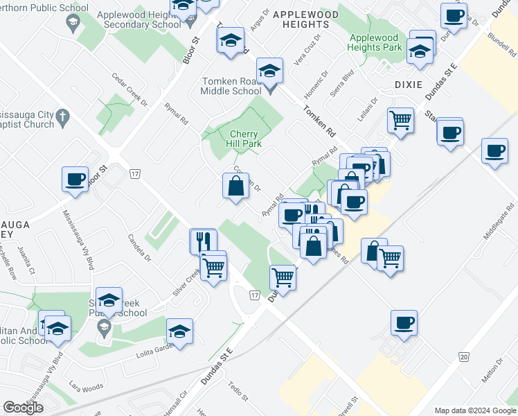 map of restaurants, bars, coffee shops, grocery stores, and more near 3091 Rymal Road in Mississauga