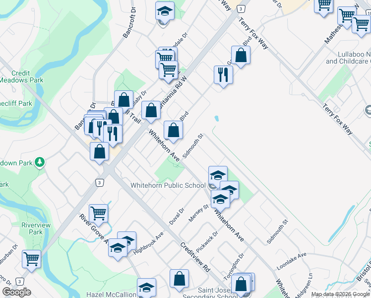 map of restaurants, bars, coffee shops, grocery stores, and more near 5999 Sidmouth Street in Mississauga