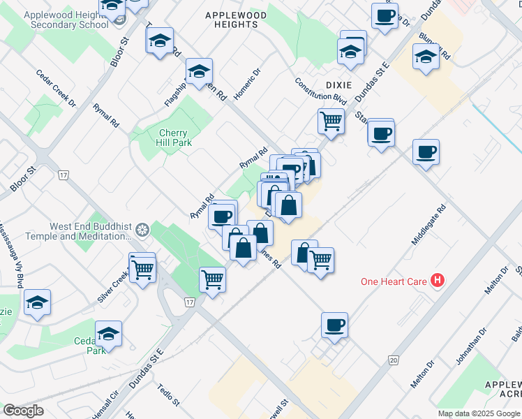 map of restaurants, bars, coffee shops, grocery stores, and more near 880 Riley Court in Mississauga