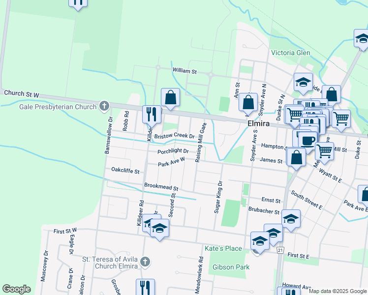map of restaurants, bars, coffee shops, grocery stores, and more near 31 Porchlight Drive in Elmira