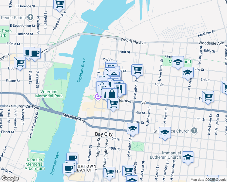 map of restaurants, bars, coffee shops, grocery stores, and more near 822 Washington Avenue in Bay City