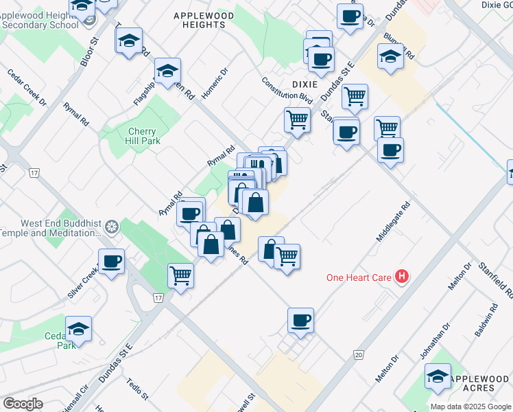 map of restaurants, bars, coffee shops, grocery stores, and more near in Mississauga
