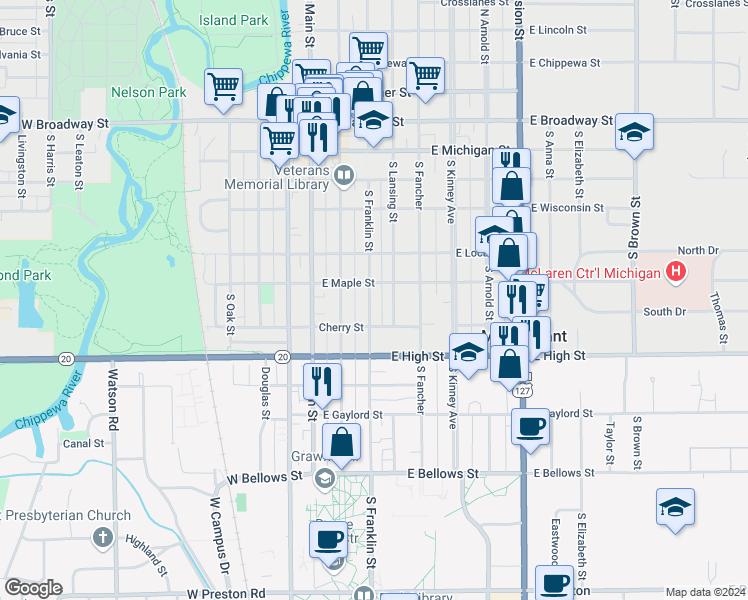 map of restaurants, bars, coffee shops, grocery stores, and more near 609 South Franklin Street in Mount Pleasant