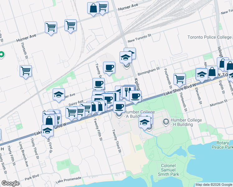 map of restaurants, bars, coffee shops, grocery stores, and more near 33 Twenty First Street in Toronto
