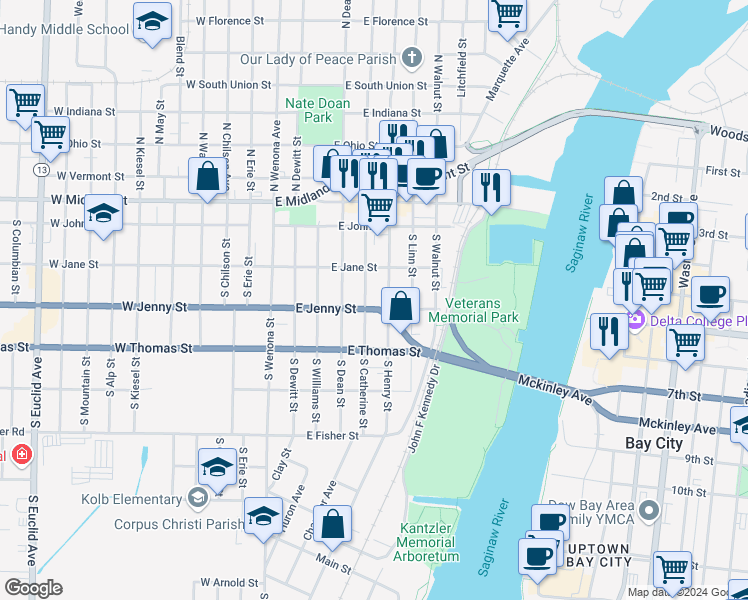 map of restaurants, bars, coffee shops, grocery stores, and more near 313 South Catherine Street in Bay City