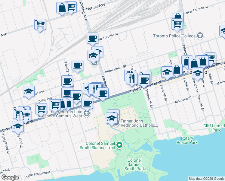 map of restaurants, bars, coffee shops, grocery stores, and more near 6 Seventeenth Street in Toronto