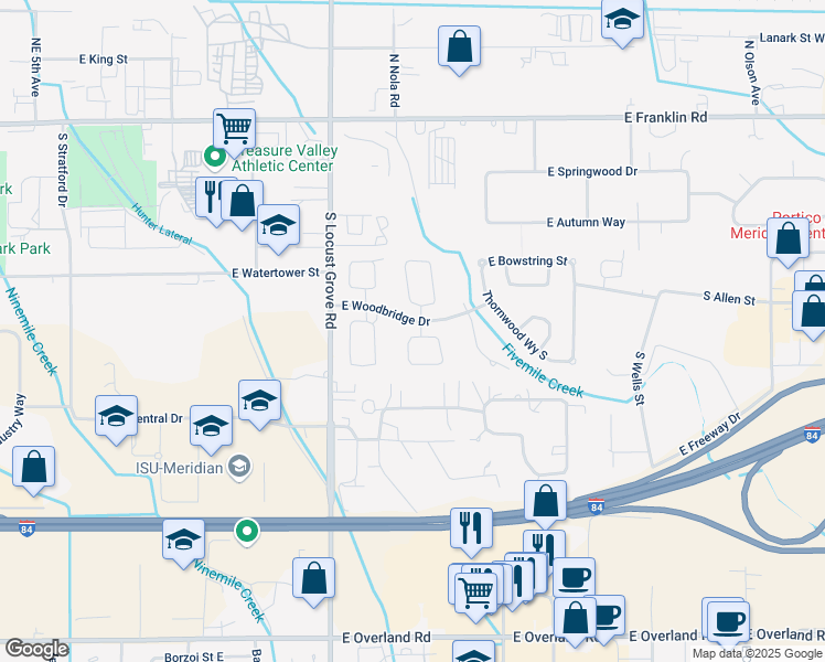 map of restaurants, bars, coffee shops, grocery stores, and more near 1846 East Pratt Street in Meridian