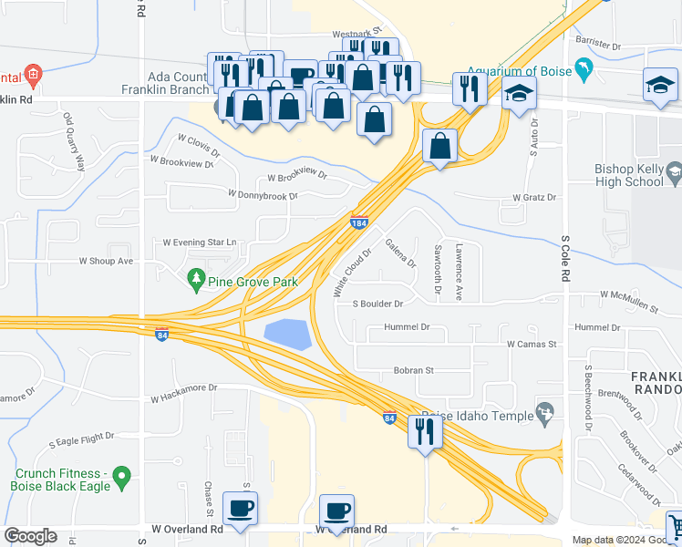 map of restaurants, bars, coffee shops, grocery stores, and more near 613 White Cloud Drive in Boise