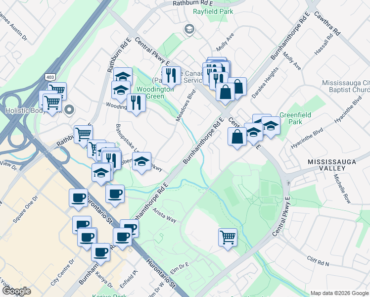 map of restaurants, bars, coffee shops, grocery stores, and more near 3980 Bishopstoke Lane in Mississauga