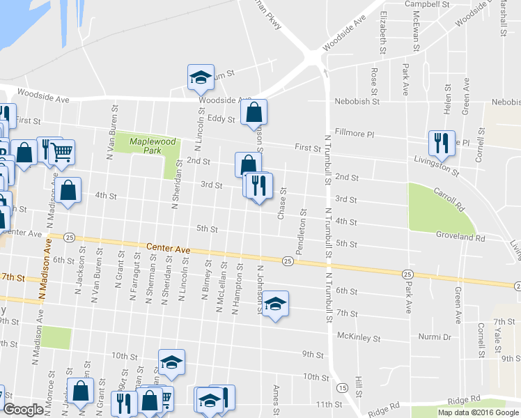 map of restaurants, bars, coffee shops, grocery stores, and more near 1004 North Johnson Street in Bay City