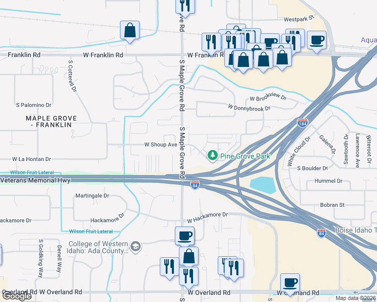 map of restaurants, bars, coffee shops, grocery stores, and more near 659 South Blue Pine Lane in Boise