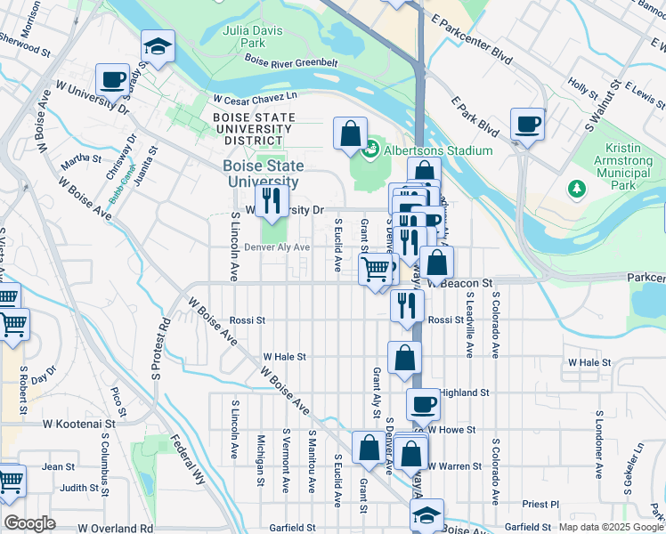 map of restaurants, bars, coffee shops, grocery stores, and more near 1111 South Euclid Avenue in Boise